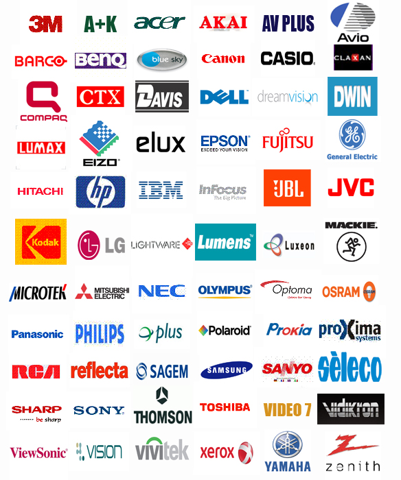 3M | BenQ | Liesegang | Mitsubishi | Nec | Sharp | Projectiondesign | SIM2 Seleco | Infocus | Optoma | Sharp | Sanyo | Dell | Casio | Compaq | Epson | Fujitsu | Hitachi | HpIbm | Jvc | Kodak | Lg | Panasonic |Philips | Sony |Toshiba | Video 7 | viewsonic | Yamaha | Polaroid | Olympus